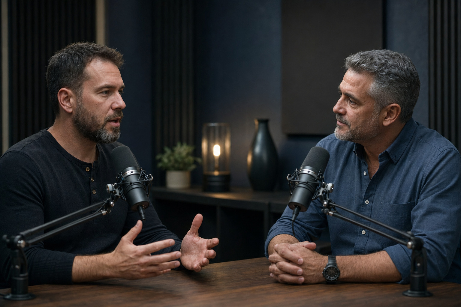 Two men having a focused conversation across professional podcast microphones