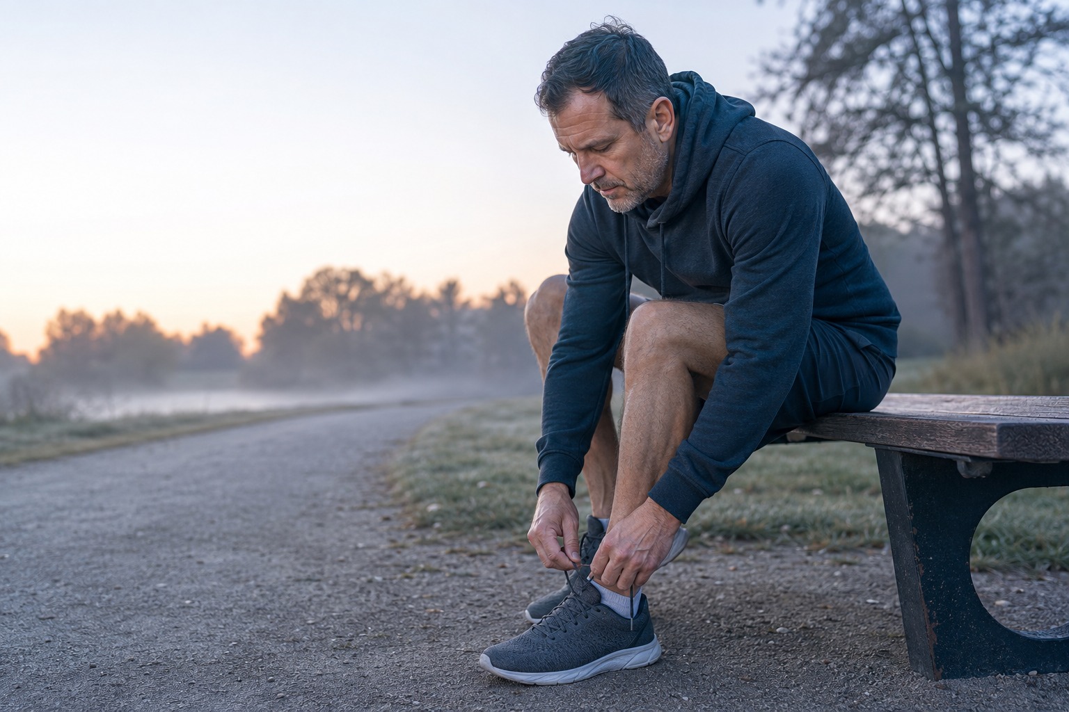 A man tying his shoes before a sunrise workout as he rebuilds his health